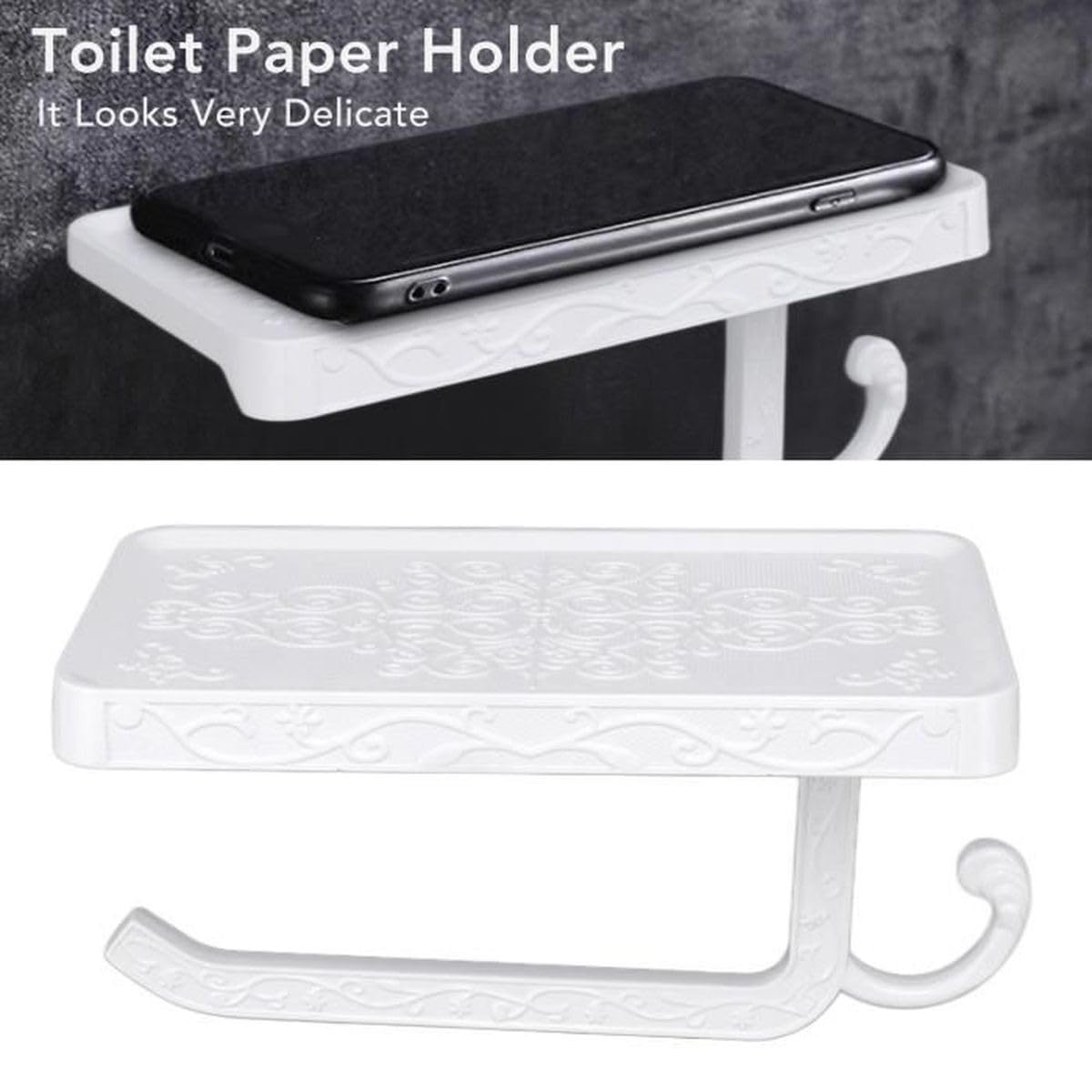 Vintage Toilet Paper Holder Wall Mount Toilet Roll Holder with Shelf and Hook Bronze Antique Bathroom Accessories Toilet Tissue Roll Holder Hanger Aluminum Material (White) - Image 3