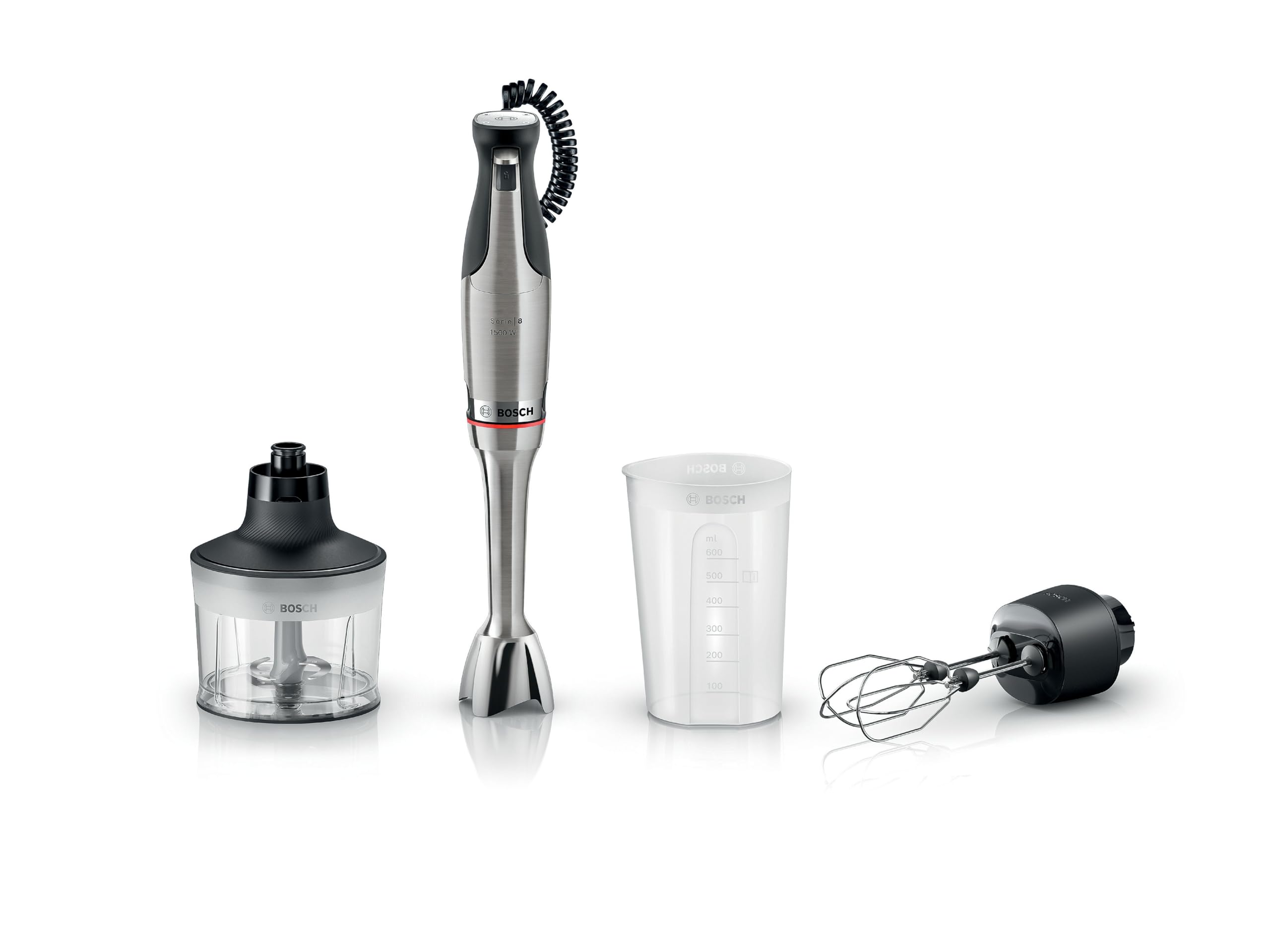 Bosch - Frullatore a mano, serie ErgoMaster 8, motore da 1500 watt, regolazione intuitiva della velocità, lama a 6 fogli, accessori inclusi, acciaio inossidabile, MSM8M934