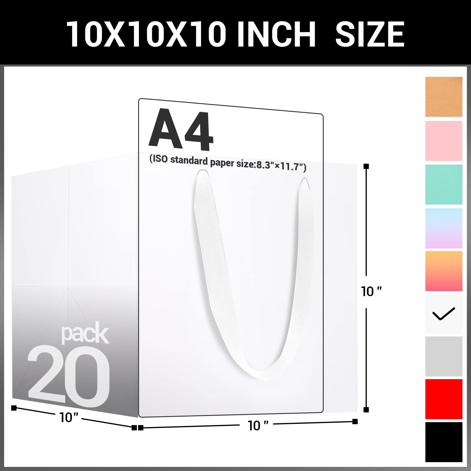 EUSOAR Kraft Bags with Handles - 10x10x10 inches Pack of 20 Paper Gift Bags for Weddings, Parties, Business Packaging and Decorations - White