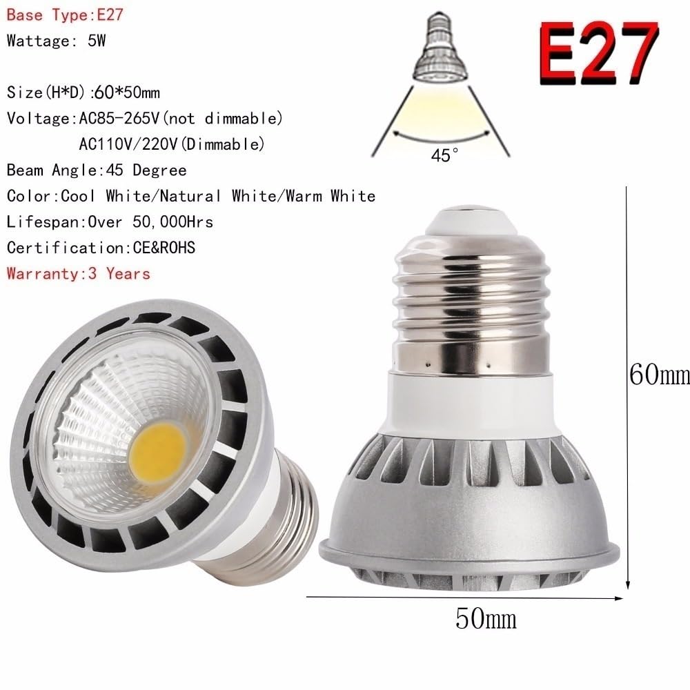 Luci, Confezione da 5, faretti LED COB AC85-265V 5W E27/E26/GU10/MR16, lampadine COB, lampadine per Uso Domestico