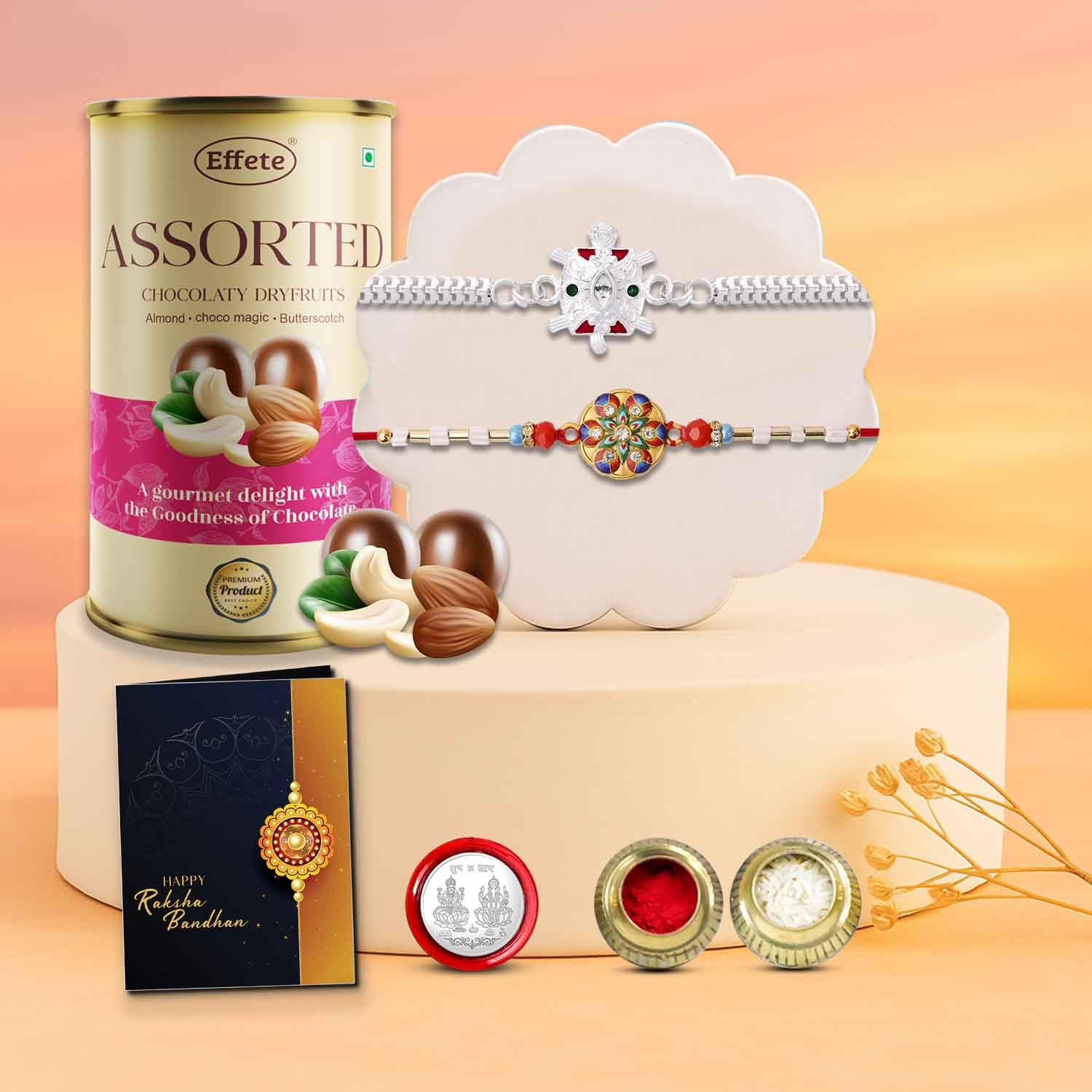 DeoDap Rakshbandhan Special Combo - Crystal Diamond Silver Plated Rakhi with Chocolate, Roli Chawal, Pooja Coin and Greeting Card for Brother-image-45