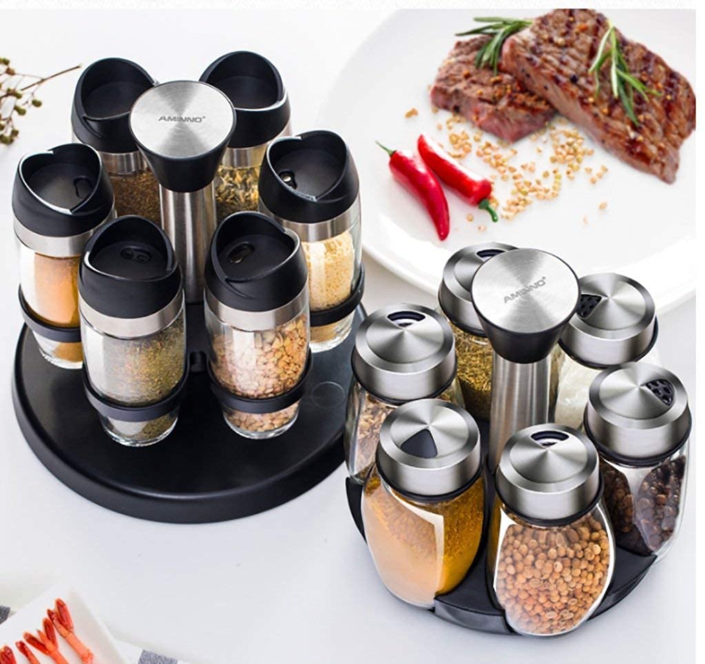 Amazon｜スパイスジャー調味料ボックスキッチンガラス防湿垂直回転調味