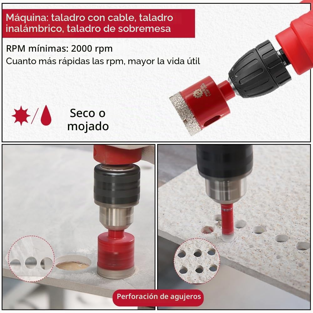 FOCSTOL Juego de Brocas Diamante - 8 piezas 6/8/10/12/20/25/32/35mm Fresa Diamante con Mango Redondo para Porcelanico Cerámica Mármol Granito
