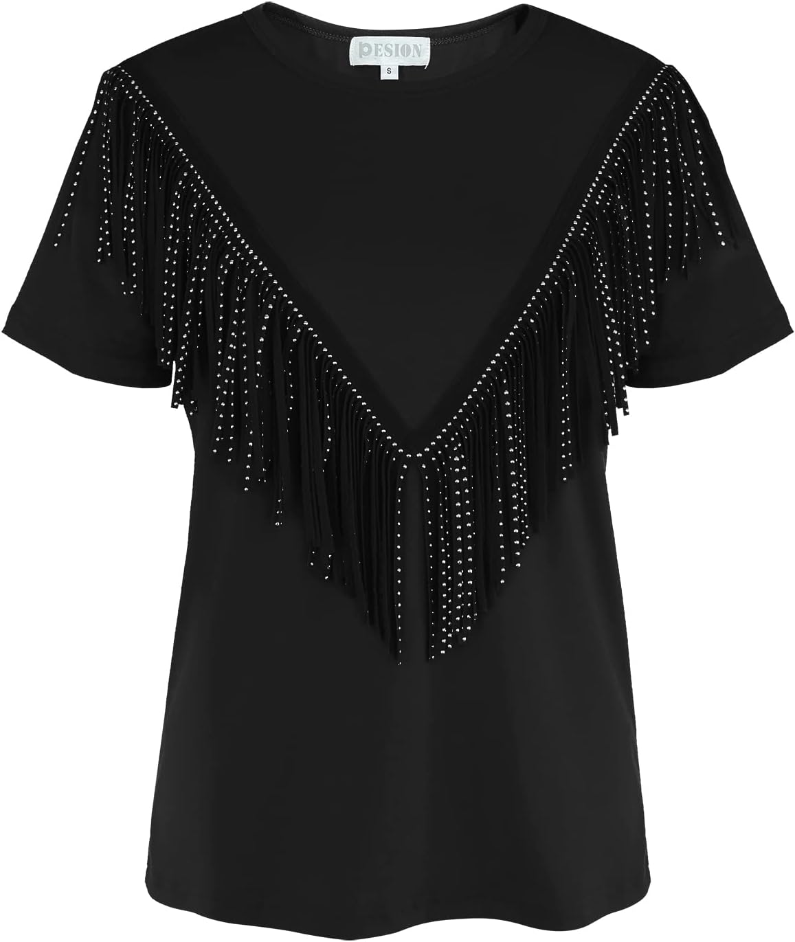 PESION Women's Fringe Trim Shirts Short Sleeve Tassel Trim Blouse T-Shirt Tops - Image 5