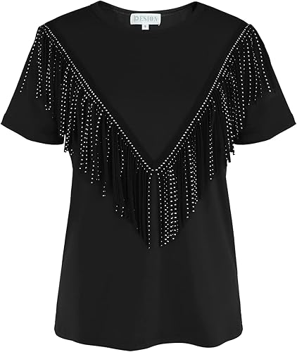 Miniatura 5 de PESION Camisas de manga corta con flecos para mujer, blusa con ribete de borlas