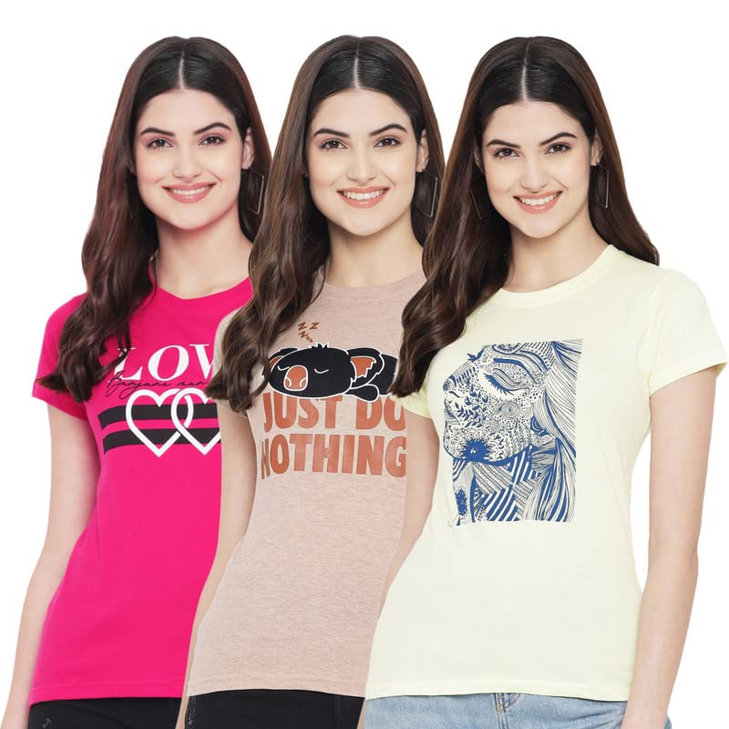Image of Preneum Women's Cotton Regular Fit Graphic Stylish Printed Short Sleeves Casual T-Shirt || Trend & Style (Pack 3)
