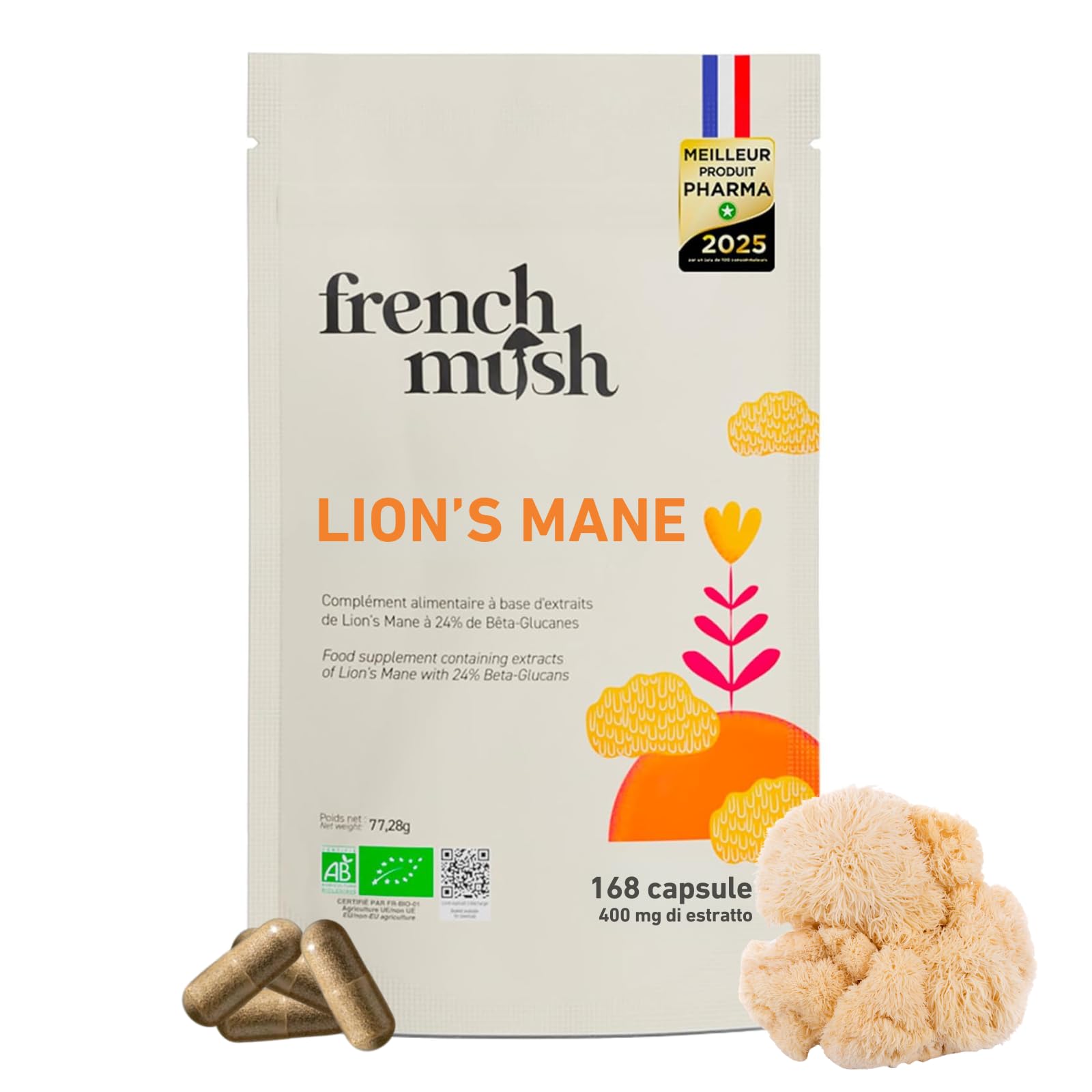 French Mush Lion's Mane Bio 8000 mg - 168 Capsule | Concentrazione, Umore, Criniera di Leone, Hericium erinaceus, Formato 3 Mesi, Testato in Laboratorio, Made in France