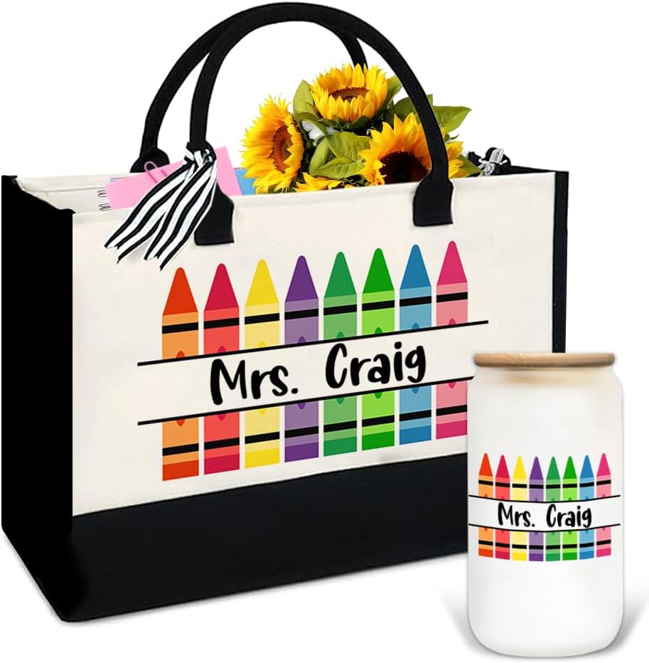 Personalized Teacher Canvas Tote Bag – Custom Name Handle Bag, Back to School Appreciation Gift Set for Women