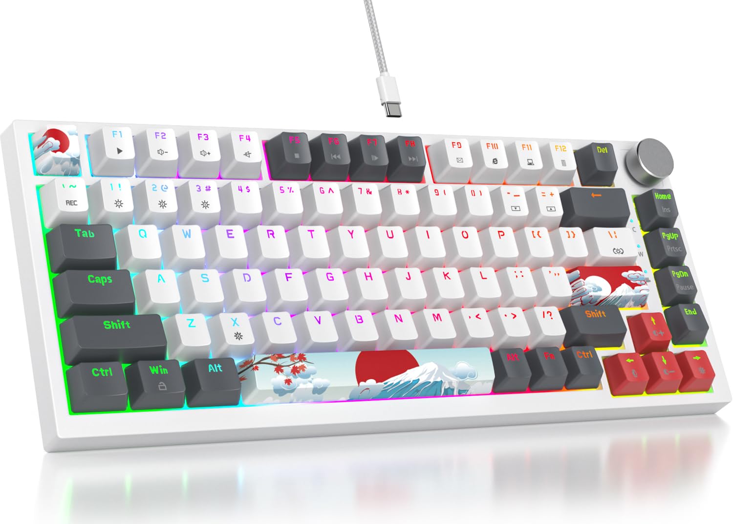 Fogruaden Wired 75% Percent Mechanical Keyboard, Hot Swappable, Red Switch, TKL Mechanical Keyboard, Gasket Mount, RGB Backlit Compact Gaming Keyboard with Volume Knob(GreyWhite)