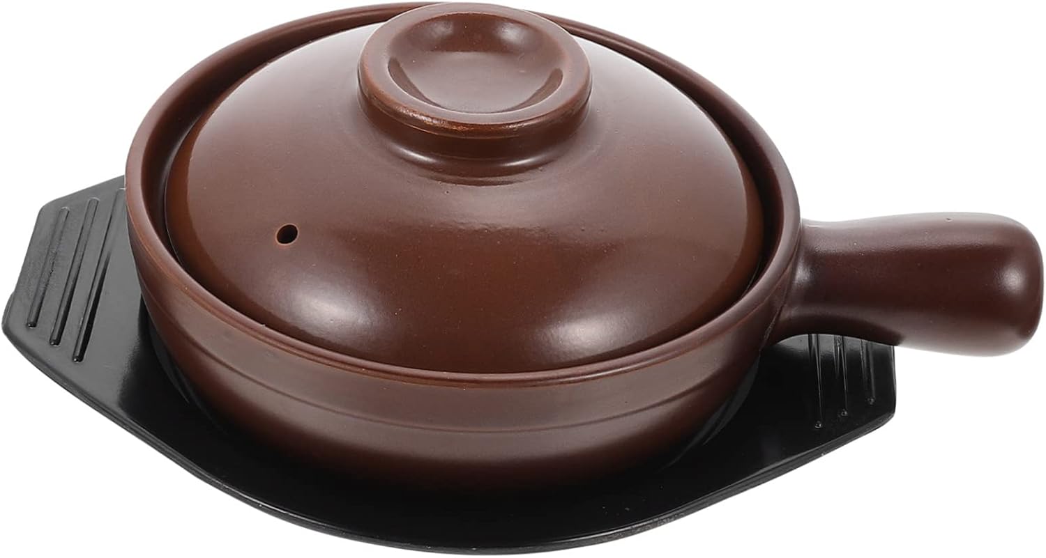 OUNONA Heat Resistant Ceramic Stew Pot with Handle and Tray Small Kitchen Cookware for Soup Casserole and Home Cooking Acid Alkali Resistant Non Cracking Pot with Flat Bottom for Even