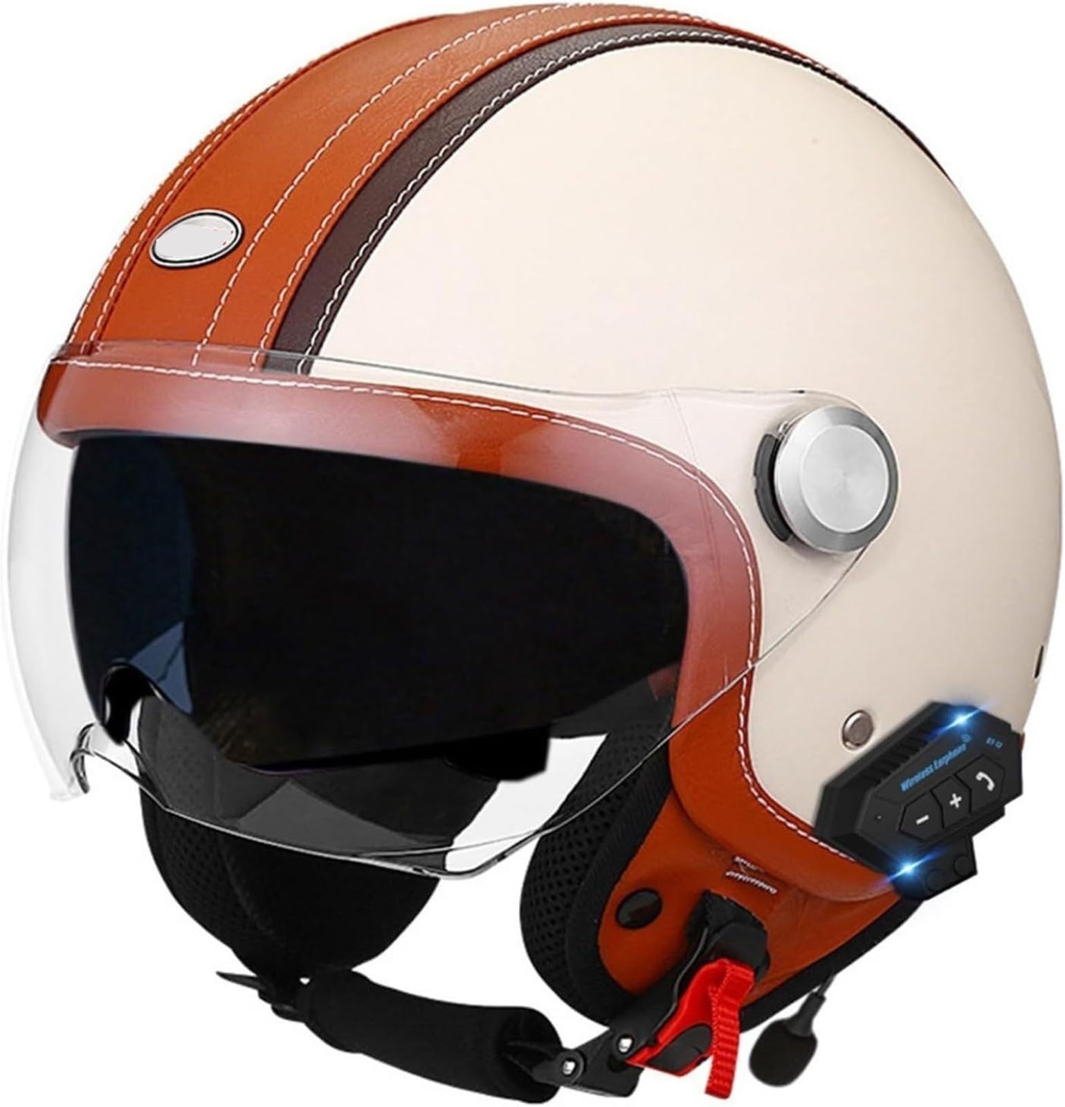 Bluetooth Casco Jet Vintage, Medio Casco Retro De Motocicleta De Cara Abierta 3/4 con Doble Visera, para Hombres Y Mujeres Adultos, Scooter Cruiser Casco Homologado Dot/ECE