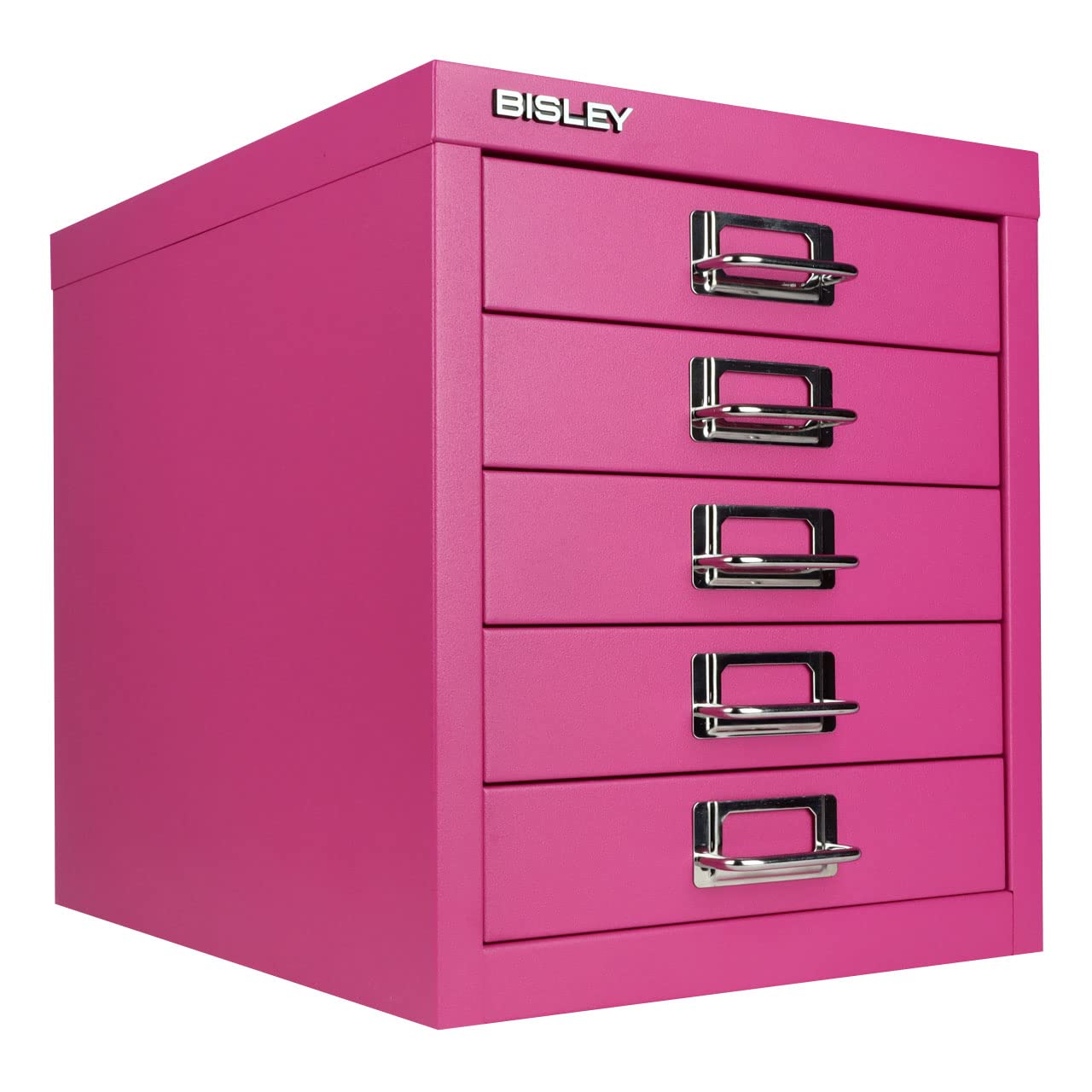 Bisley 5-Drawer Steel MultiDrawer Cabinet - Fuchsia, Chrome Pull Handles with Label Holders, Powder-Coated Steel, Removable Drawers, Desktop Storage, Labels Included