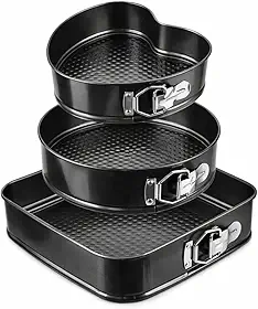 WELMIX Conjunto de 3 Formas Antiaderente com Fundo Removível, Aço Carbono, Preto, Coração 22cm, Redonda 24cm, Quadrada 26cm