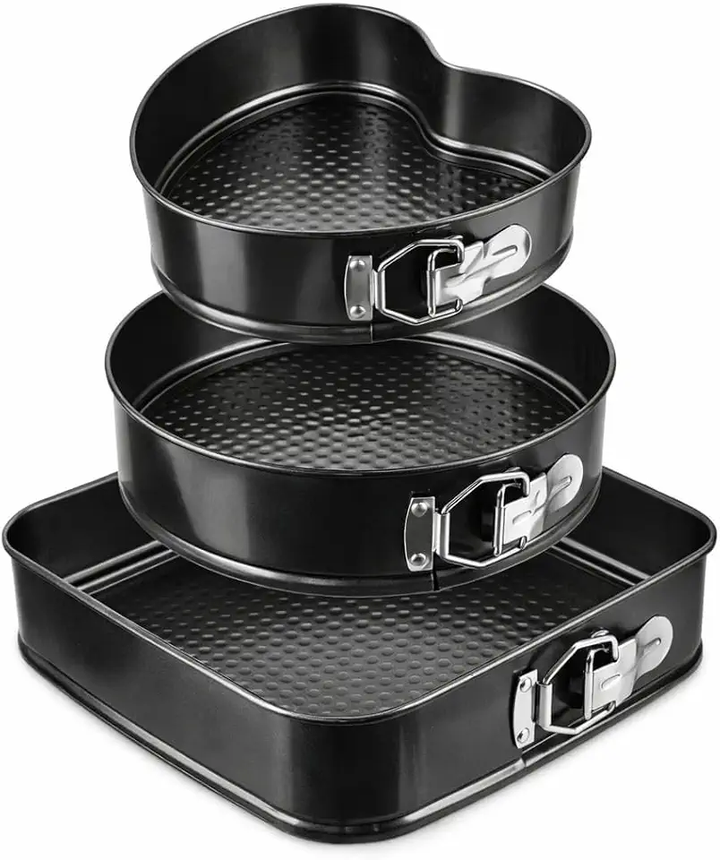 WELMIX Conjunto de 3 Formas Antiaderente com Fundo Removível, Aço Carbono, Preto, Coração 22cm, Redonda 24cm, Quadrada 26cm