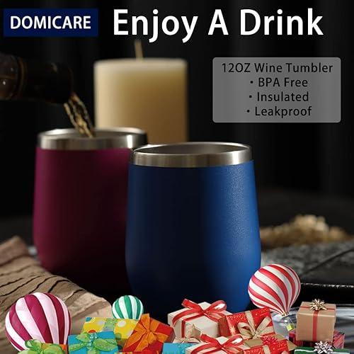 Miniatura 6 de DOMICARE - Juego de 4 vasos de vino de 12onzas con tapa, hechos de acero inoxidable con aislamiento al vacío de doble pared, color azul oscuro