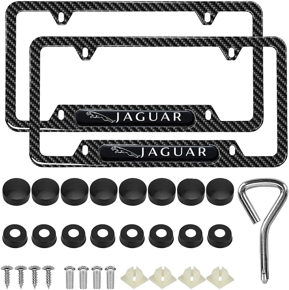 2pcs Aluminum Alloy License Plate Frames for Jaguar,Carbon Fiber License Plate Frame,4 Holes Aluminum Alloy Weather Proof License Plate Cover with Fasteners, Screws, Valve Caps and Tool (JAG-02)