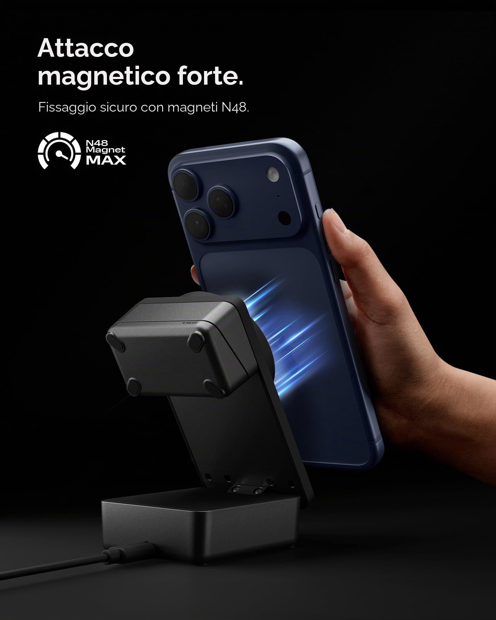 Spigen Essential Qi2.2 25W Caricatore Wireless MagSafe 3-in-1 (Incl. Cavo USB-C 2 m) Stazione di Ricarica per iPhone 17/16/15/14/13/12 Pro Max Air 17e, AirPods 4/3/2, Apple Watch SE