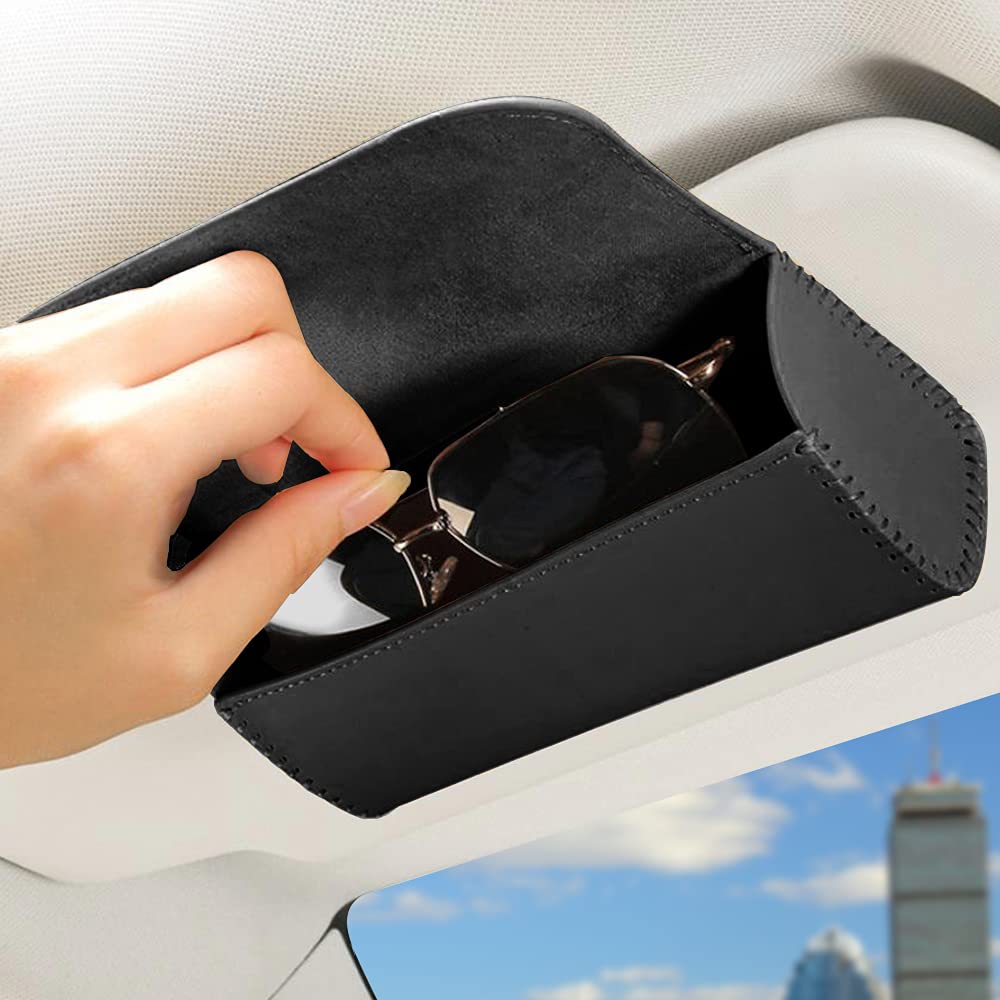 Organizer Per Occhiali Da Sole Auto In Pelle PU - Porta Oggetti Per Visiera Parasole Con Clip Per Biglietti E Carte, Nero