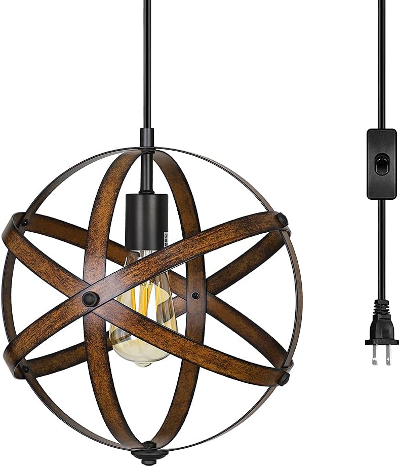 DEWENWILS Pendant Light,Plug in Hanging Light, Wood Grain Chandelier Light Fixture with 15FT