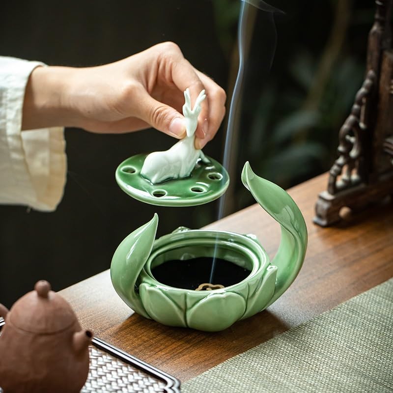 Quemador de Incienso de Cascada Quemador de incienso de loto de cerámica, adornos for el salón simples y creativos, quemador de aromaterapia Zen for interiores, quemador de sándalo de madera de agar Q
