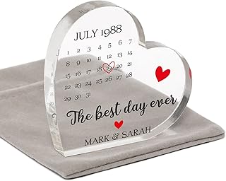 Engagement Wedding Anniversary Date Gifts, Personalised Special Date Gifts, First 1st Anniversary Husband Wife, One Year Together Boyfriend, Valentines Gifts, Acrylic Heart Block With Grey Bag