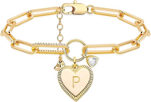 MEVECCO Pulsera de clip de oro, chapada en oro de 18 quilates, con inicial de corazón, pulsera de eslabones ovalados, delicada pulsera hecha a mano