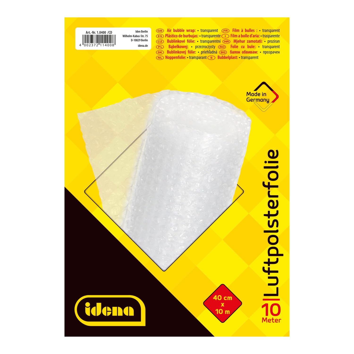 Idena 10400 - Papel de burbujas para envíos, embalajes y mudanzas, 40 cm x 10 m en rollo, 70 µ, transparente, 1 pieza