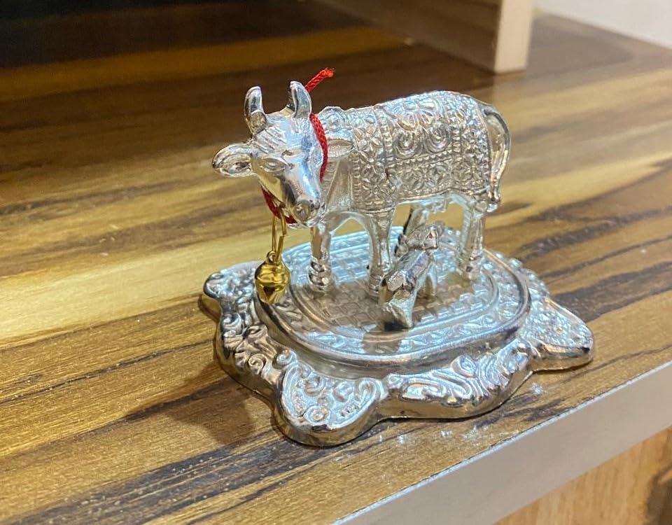 Image of Silver Small Metal Kamdhenu Cow and Calf Idol Holy Spiritual Showpiece for Vastu, GAI bachda, Good Luck Gift, Kamdhenu Gau MATA, Pooja Temple Decor for Navratri Diwali Gift- 5x5x2 CM