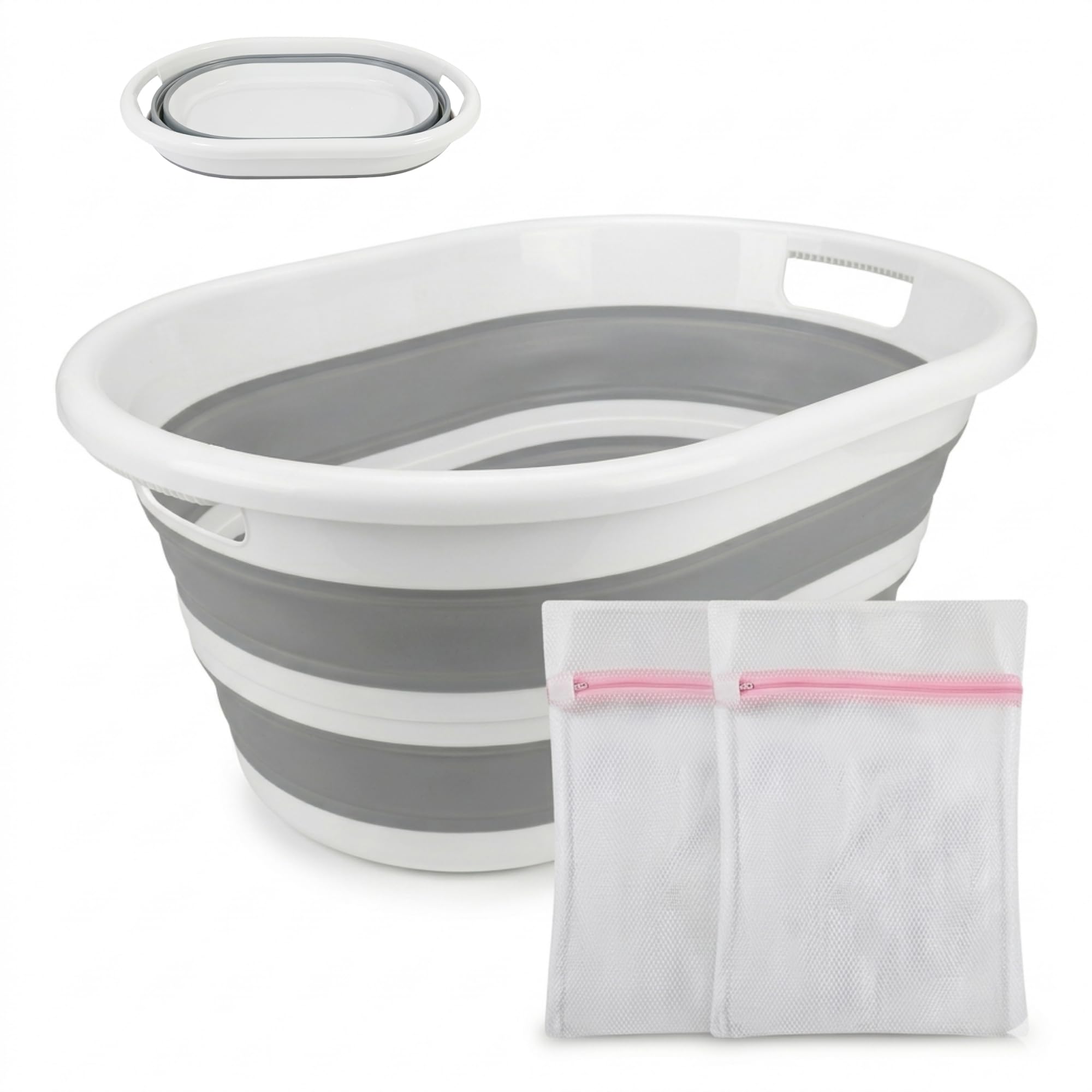 VELOSSIA Barreño Plegable 35L Silicona Resistente con Asas, Cubo Plegable Ropa, Cesto Ropa Multiusos, Incluye 2 Bolsas Delicadas, Cesta Colada, Baño, Camping, Lavado a Mano (35 L.) - 2