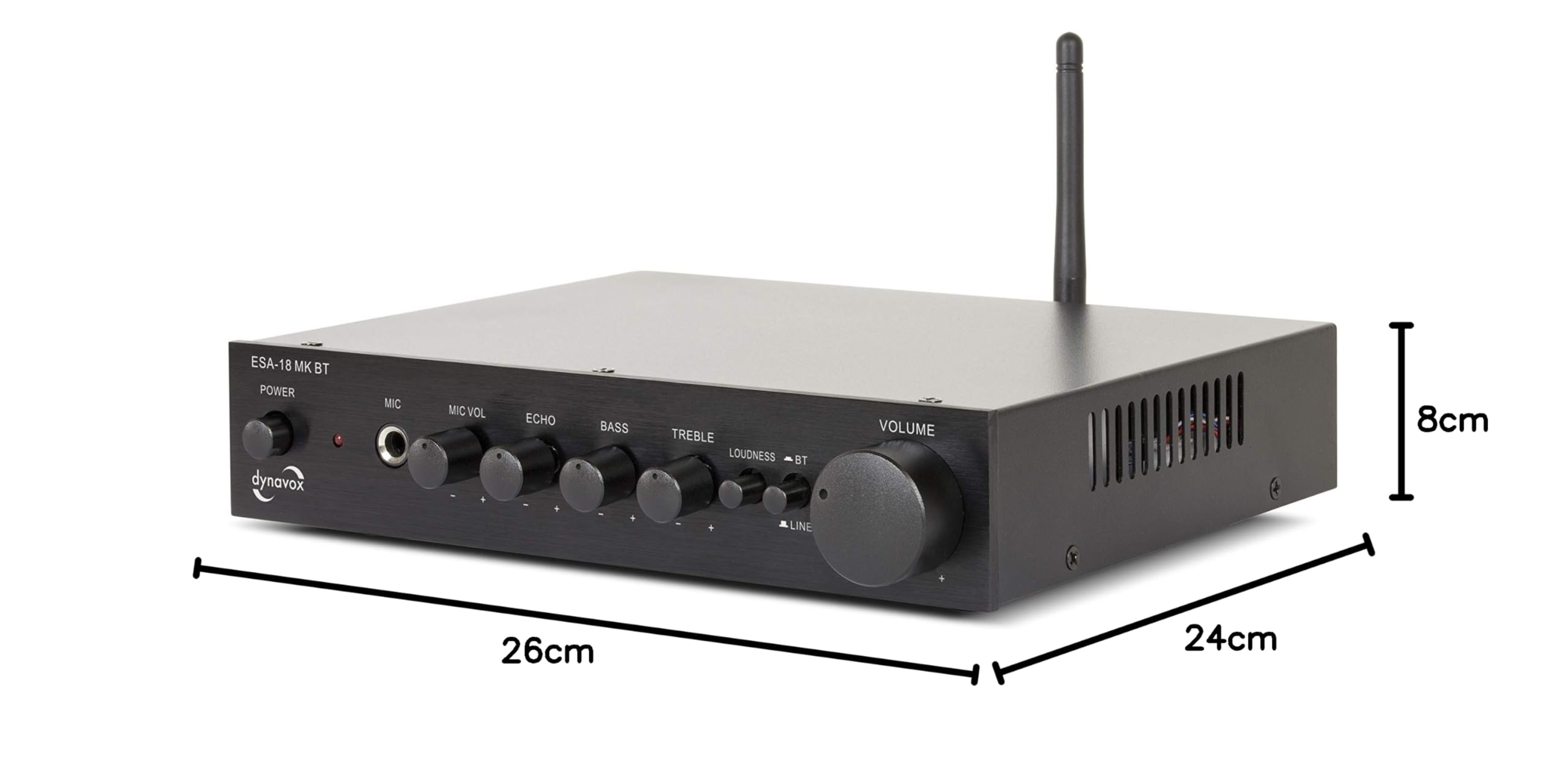 Dynavox ESA-18 MK BT - Amplificador estéreo Compacto, terminales de conexión atornillables para Altavoces, Antena BT integrada y Entrada de micrófono, Color Negro