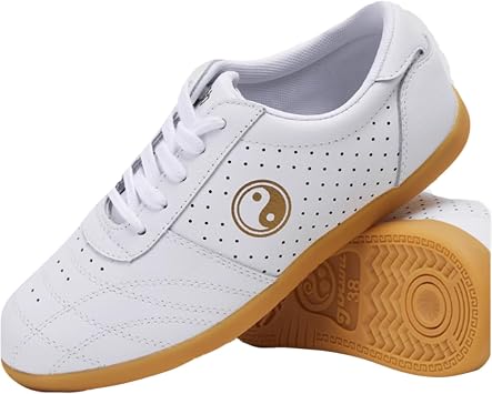 Non-Slip Tai Chi Kung Fu Shoes for Women Men Pu Leather Martial Art Shoes Sneakers Taekwondo Karate Training Shoes Casual Walking ShoesSize36EU,ColorWhite