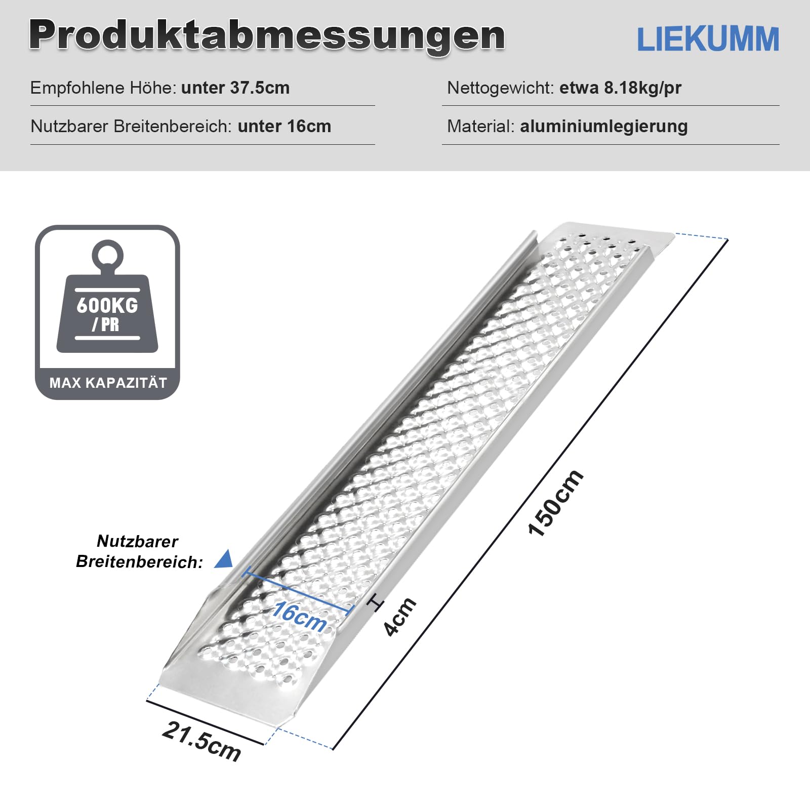 LIEKUMM 2 x rampa najazdowa aluminiowa, nośność 600 kg, 150 x 21,5 cm, rampa najazdowa do przyczep, motocykla, rampa najazdowa do samochodów osobowych, przyczep, lekka szyna załadunkowa do schodów
