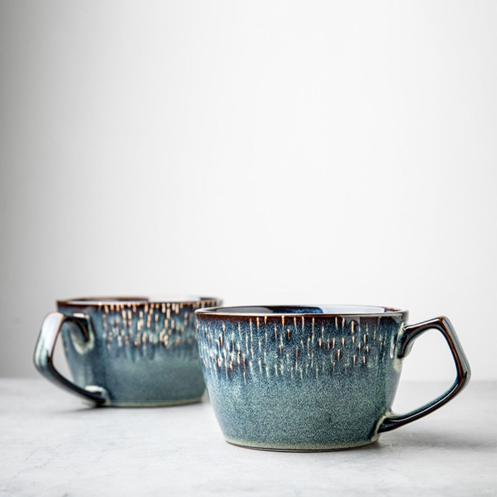 Taza de sopa de cerámica con asa, apta para microondas, taza de café de cerámica vintage para helado, postre (azul-B, 21 onzas)