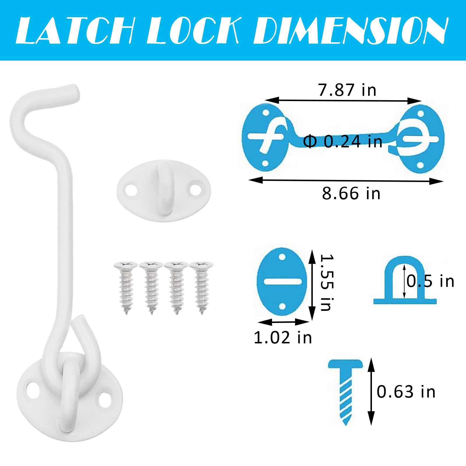 2pcs White Cabin Hooks 8 Inch, Stainless Steel Gate Hook Lock - Image 2