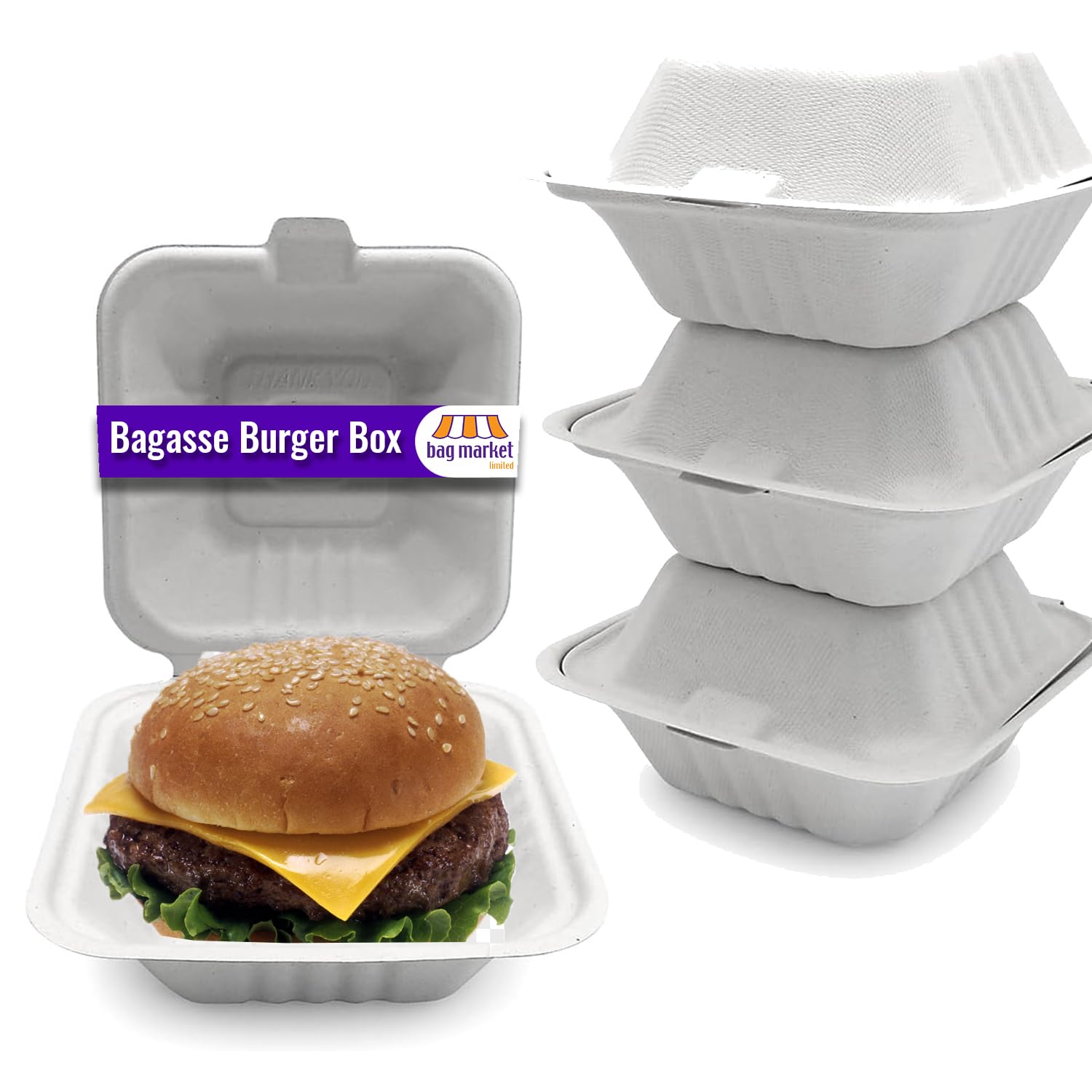 Bag Market | 6" x 6" White Bagasse Clamshell Food Box Containers | Meal/Burger/Takeaway/Biodegradable (50)