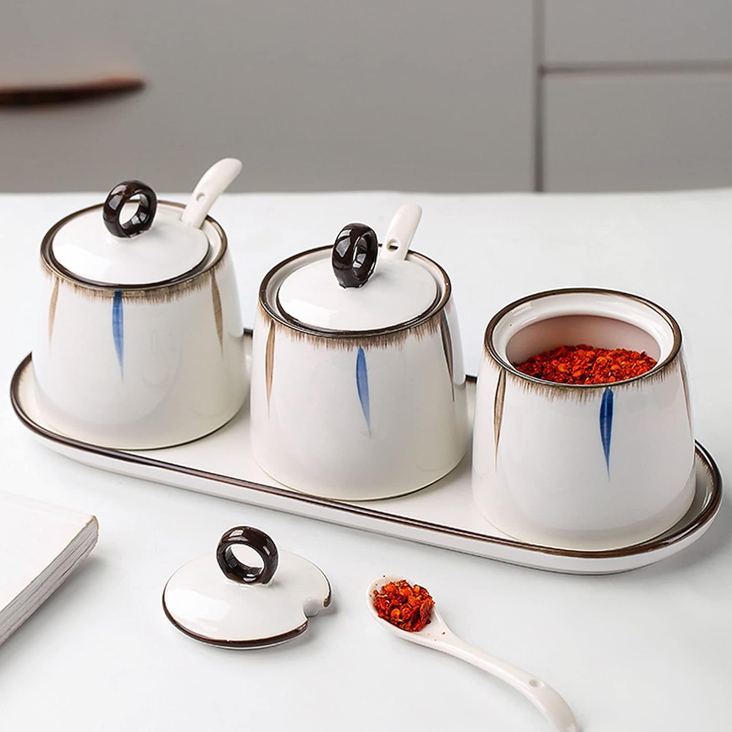 Azucarero, azucarero con tapa, azucarero con tapa y cuchara, botes de azúcar de café de cerámica, azucarero, tarro de especias for recipiente de azúcar, bote de condimento for salero-1 ( Color : 2 Set