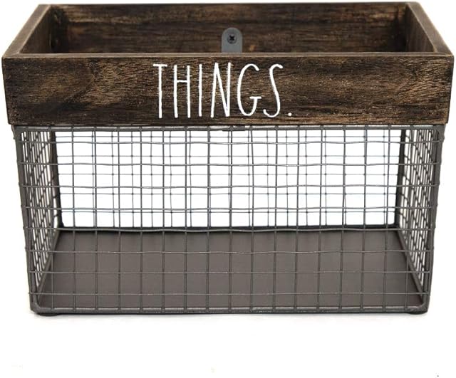 Rae Dunn by Designstyles Wire Storage Basket  Metal and Solid Wood Organizer  Decorative Folder Bin - for Office, Bedroom, Living Room, Closet and More