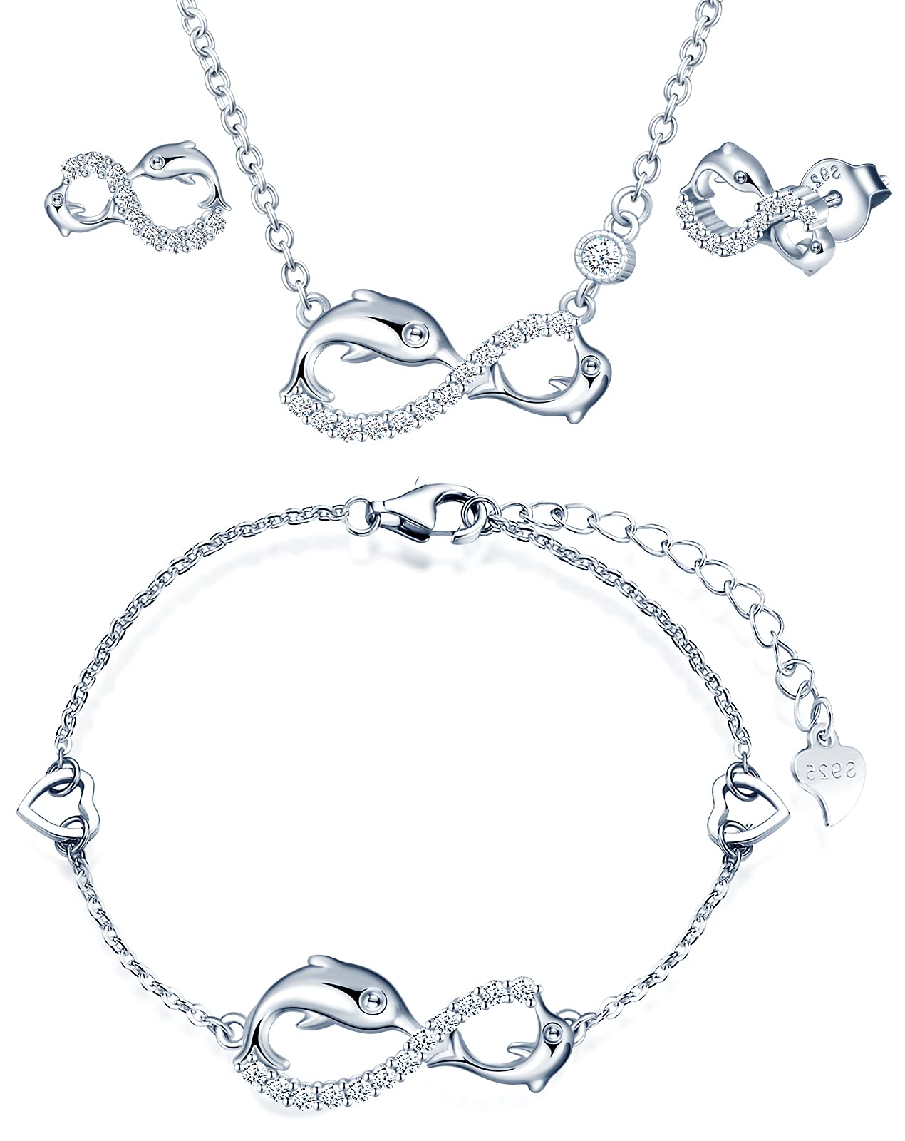INFINIONLY Juegos de joyas, Pendientes Pulsera Collar colgante para mujer niña, pendientes pulsera collar de plata 925, Juegos de joyas con símbolo de infinito y delfín lindo, con circón, plata