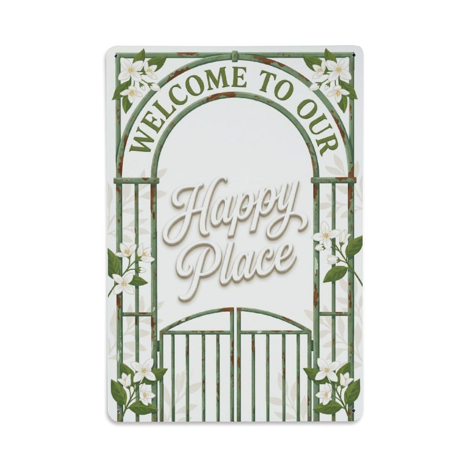 Fqnyr Style Welcome To Our Happy Place Jasmine Archway Metal Tin Sign Plaque Wall Decor For Cafe, Club Bar, Office, Home Garden Metal Poster 8X12inch