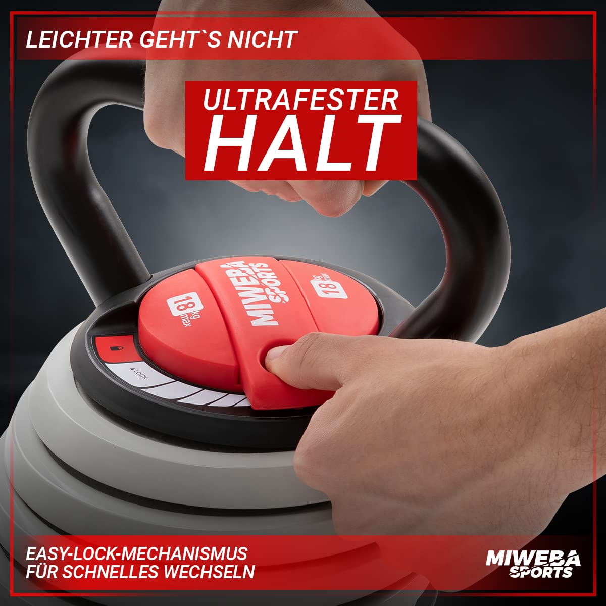 Miweba Sports Kettlebell verstellbar KB300 | 3,5-18 kg Gewichte - Easy Lock Kugelhantel - Einstellbares Kugelgewicht - Schwunghantel - Kettlebells - Hanteln - Fitness Hantel für Indoor & Outdoor
