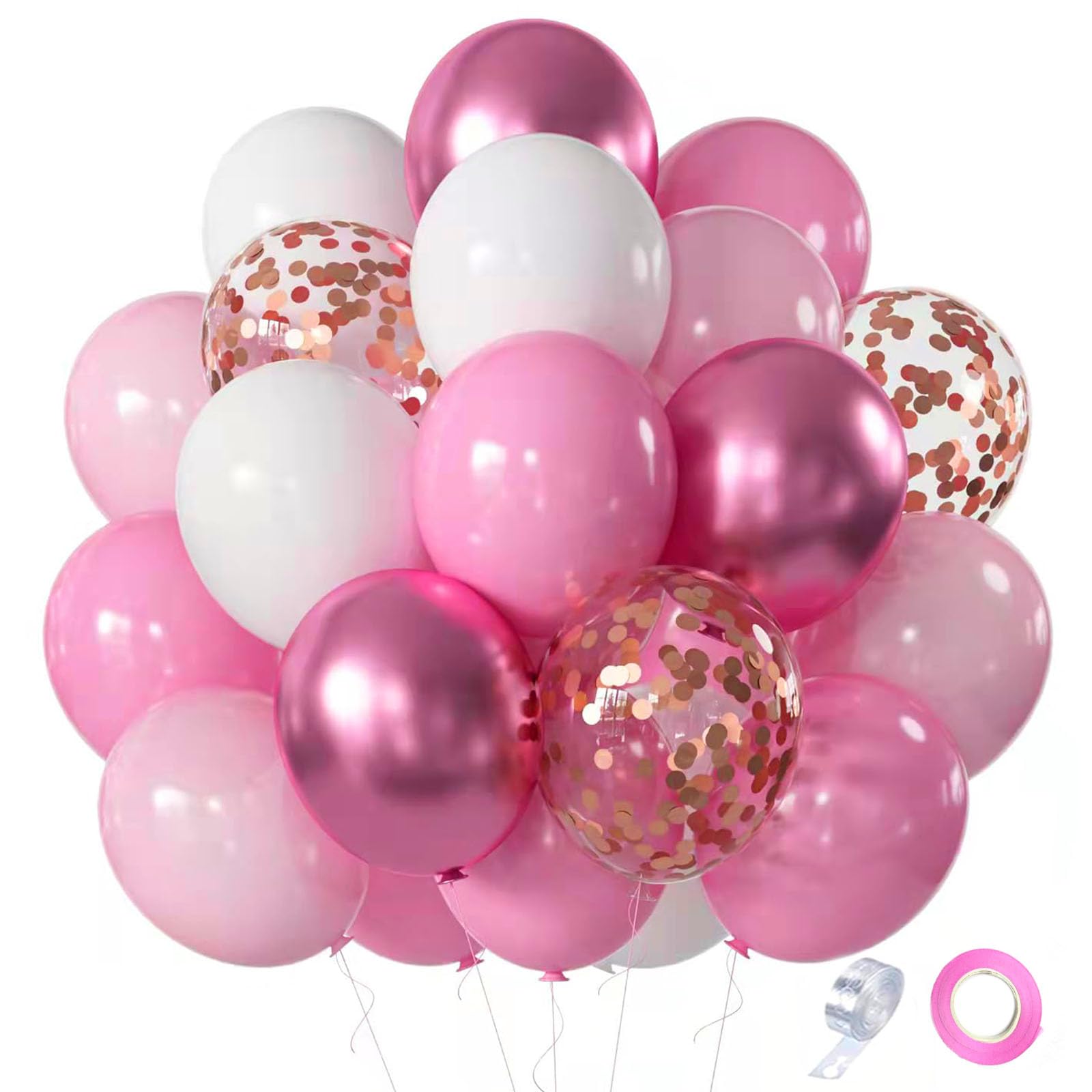 Pink White Rose Party Balloons, 60pcs 12 inch Pink White Rose Gold Confetti Balloons Kit, Pink White Chrome Rose Latex Balloons for Birthday, Wedding, Graduation Party Decorations