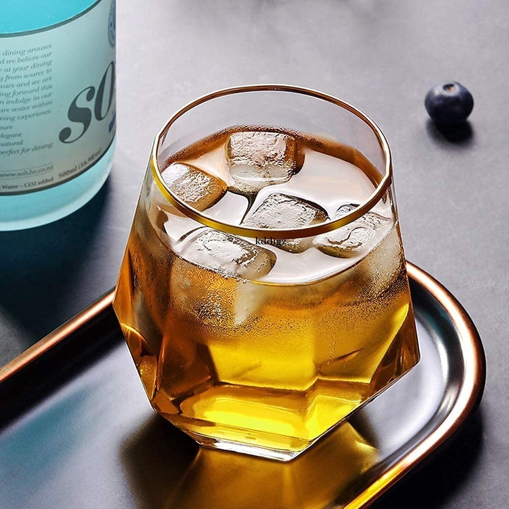 kddigz Diamond Whiskey Glasses Lead-Free Crystal Clear 10.4 Oz Luxury Perfect for Scotch and Bar Old Fashioned Cocktails Golden Rim (Set of 2), 330 Milliliter 3