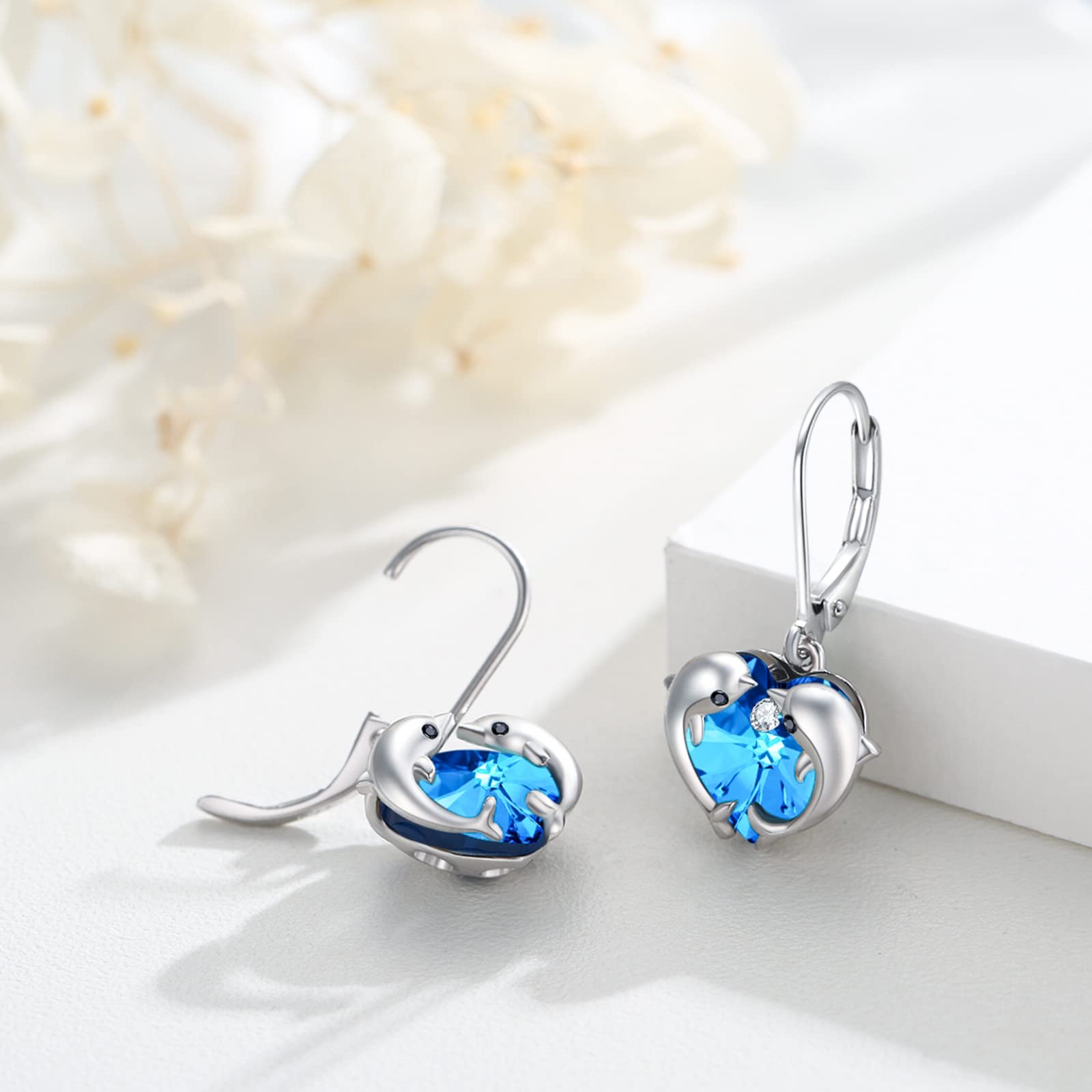 REDSUN Delfin Ohrringe Silber 925 Mädchen Dolphin Kristall Mondstein Hängend Ohrringe Herz Hängend Damen Delfin Schmuck Geschenk für Mädchen Mama Tochter Ehefrau Geschenk