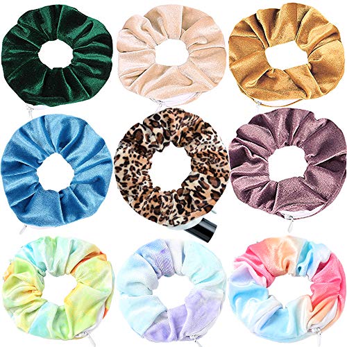 9 Pcs Velvet Scrunchies with Hidden Zipper Pocket Elastic Hair Ties Ponytail Holder for Women Magic Accessories Set Stash Keys,Coin,Small Items