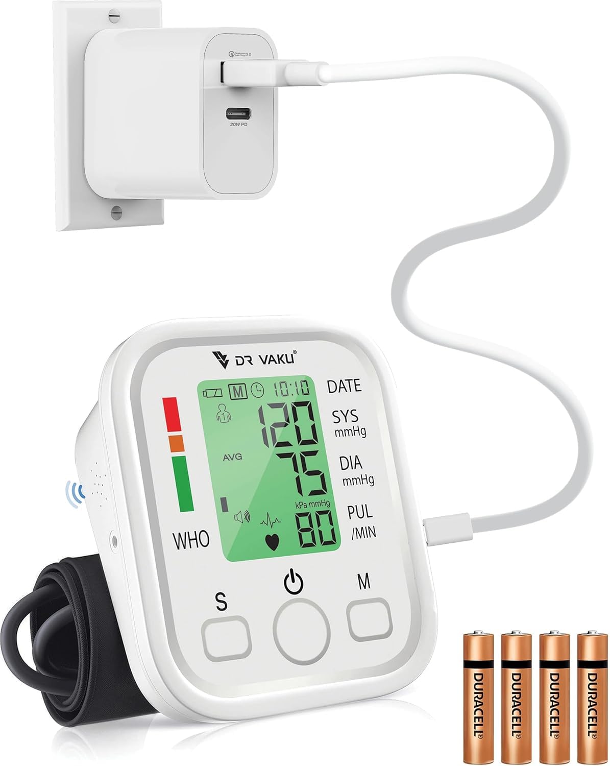 DR VAKU® BP Monitor Fully Automatic Blood Pressure Machine to Check Digital Accurate Level for Home Monitoring Device with Talking Function,Large Display + Cuff Kit Best Accurate Apparatus Measurement with 20w PD QC Adapter- White-image-25