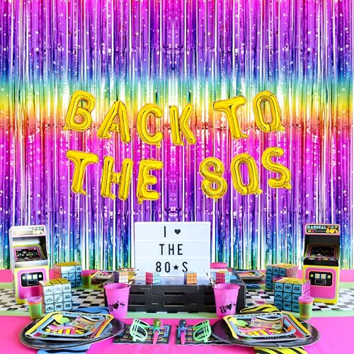 Image of Neon Rainbow Streamers Thicken 4 Pack 13.2x8.2 FT, Tinsel Backdrop Curtains for Birthday Decrorations, Foil Fringe Photo Backdrop for 80s 90s Disco Party Decorations