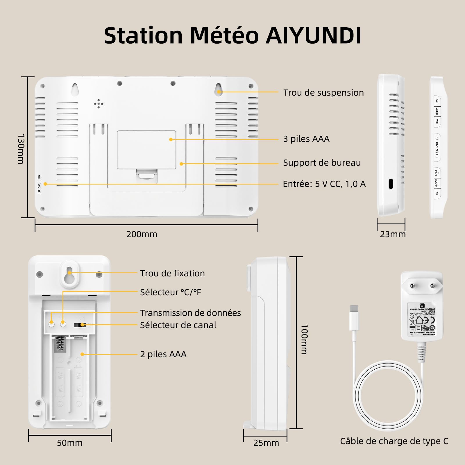 Station Météo Sans Fil, Thermometre Interieur Exterieur avec Capteur Externe, 4 Rétroéclairage Réglable, 7,5" Station Meteo Connectée, Prévisions Météo,Baromètre, Alarme,Thermomètre Hygromètre