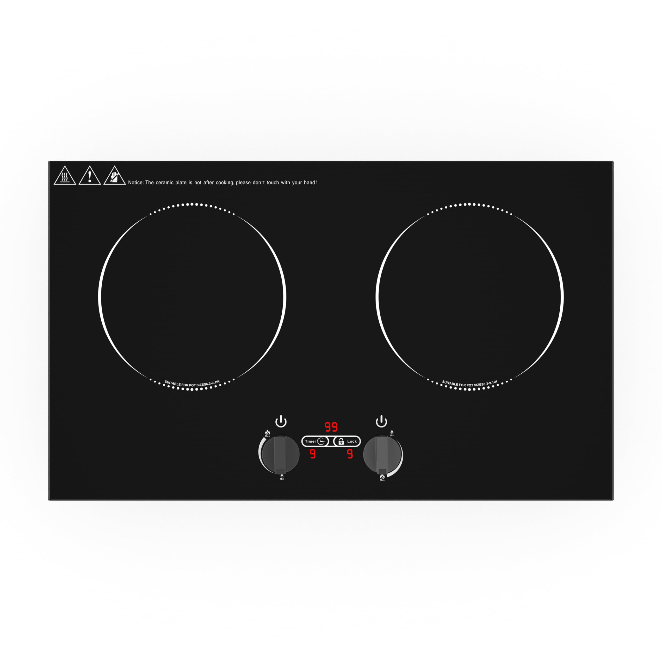 VBGK Placa Induccion 2 Fuegos, 220V 3600W Placas de Induccion con Control Giratorio, 9 Niveles de Potencia, Bloqueo Infantil y Temporizador, Protección Contra, Placa Vitroceramica 2 Fuegos