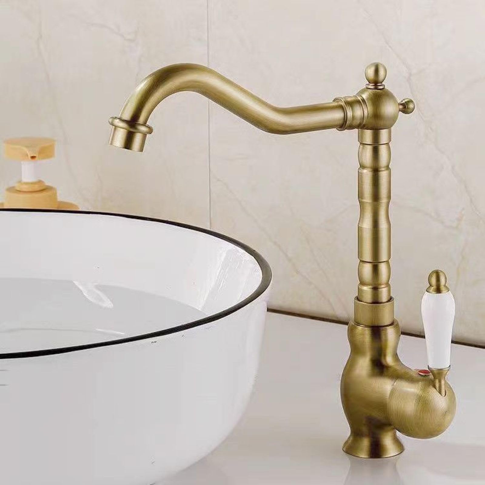 Fanjubei Antique-Style Ordinary White Porcelain Handles High All-Copper Kitchen Hot And Cold Water Sink Faucets
