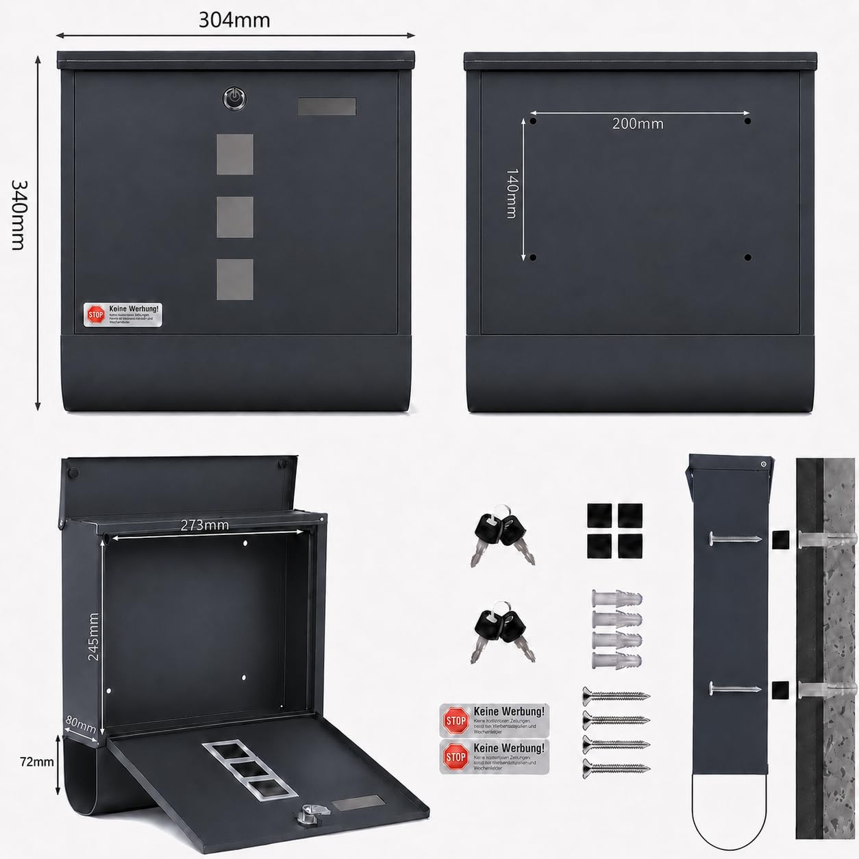 Zedelmaier Briefkasten 9 x 34 x 30,4 cm mit 4 Schlüsseln für B5&C5 Umschlag Postkasten Wandbriefkasten Mailbox Briefkästen mit Zeitungsfach RAL7016 Anthrazit
